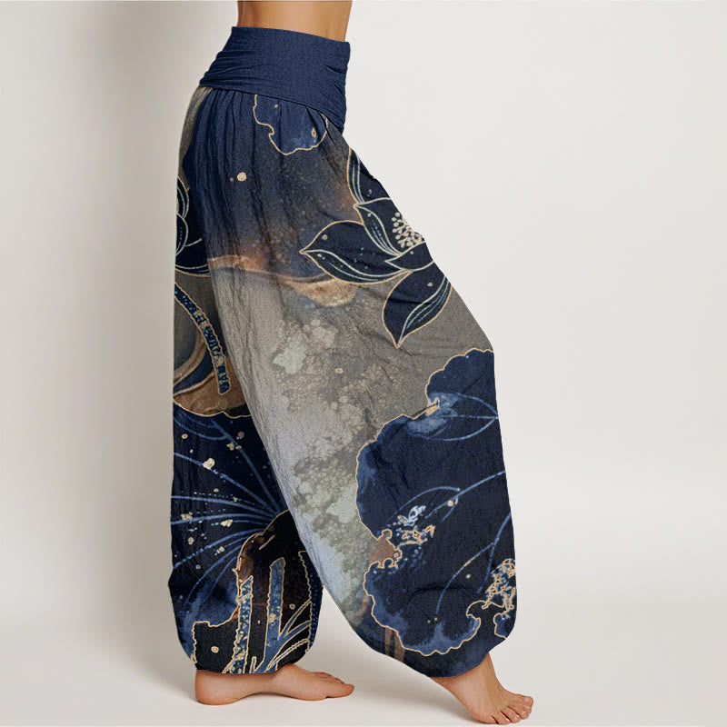 Pantaloni harem da donna con elastico in vita e motivo a petali di loto, stile casual, motivo Buddha Stones - image 9