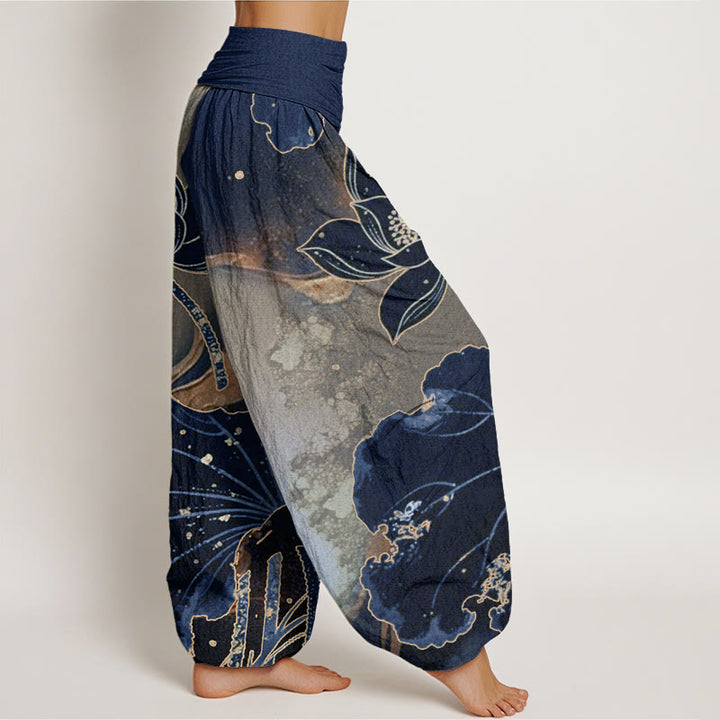 Pantaloni harem da donna con elastico in vita e motivo a petali di loto, stile casual, motivo Buddha Stones - image 9