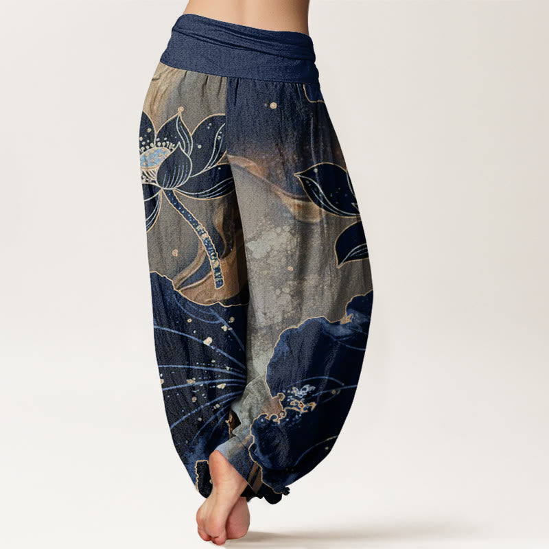 Pantaloni harem da donna con elastico in vita e motivo a petali di loto, stile casual, motivo Buddha Stones - image 10