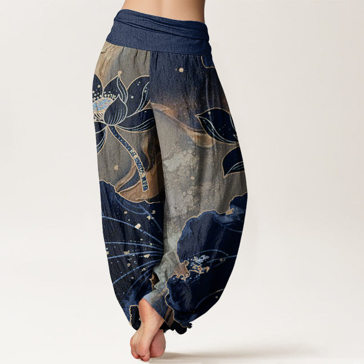 Pantaloni harem da donna con elastico in vita e motivo a petali di loto, stile casual, motivo Buddha Stones - image 10