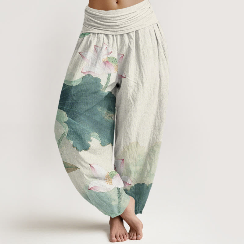 Pantaloni harem da donna con elastico in vita, modello Buddha Stones in cotone casual con petali di loto - Acquamarina media - US22, UK/AU26, EU54 (6XL) - image 0