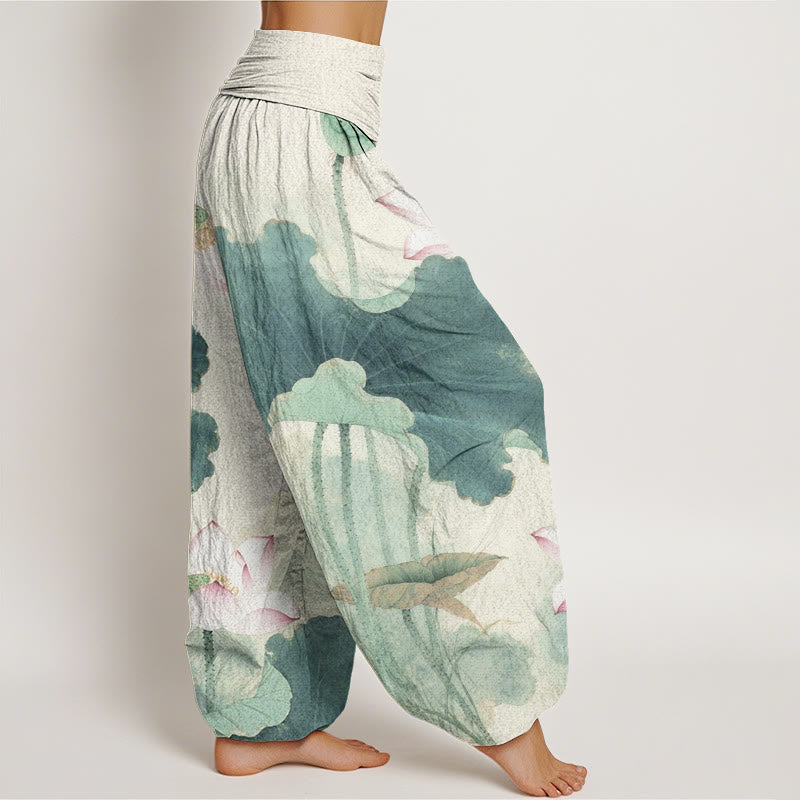 Pantaloni harem da donna con elastico in vita, modello Buddha Stones in cotone casual con petali di loto - image 1