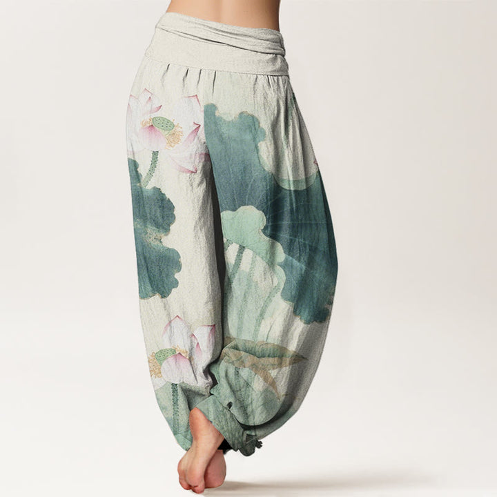 Pantaloni harem da donna con elastico in vita, modello Buddha Stones in cotone casual con petali di loto - image 2