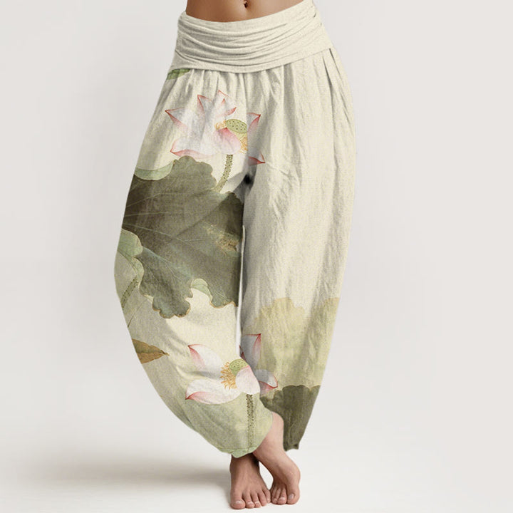 Pantaloni harem da donna con elastico in vita, modello Buddha Stones in cotone casual con petali di loto - Beige - US22, UK/AU26, EU54 (6XL) - image 4