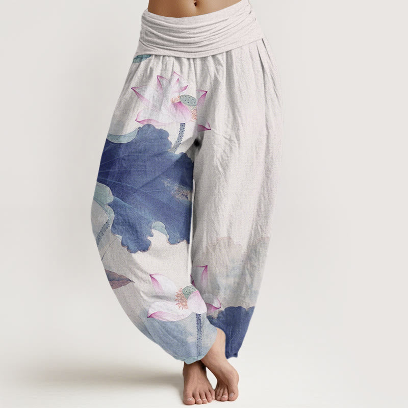 Pantaloni harem da donna con elastico in vita, modello Buddha Stones in cotone casual con petali di loto - Blu reale - US22, UK/AU26, EU54 (6XL) - image 7