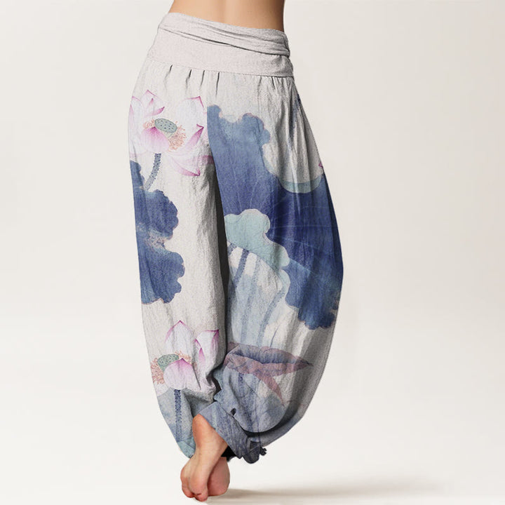 Pantaloni harem da donna con elastico in vita, modello Buddha Stones in cotone casual con petali di loto - image 9