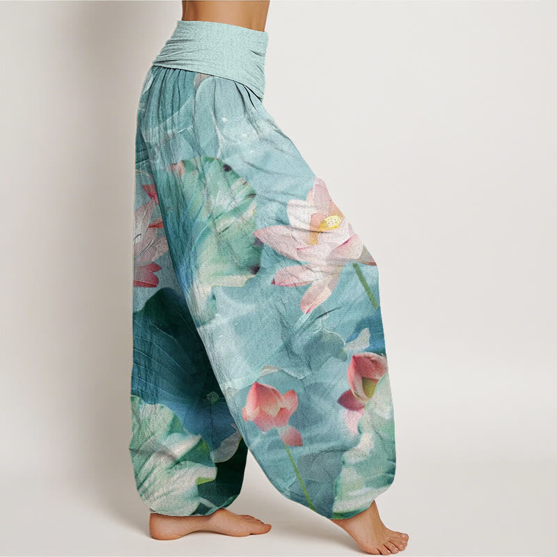 Pantaloni harem da donna con elastico in vita, in cotone, casual, motivo a petalo di loto e stagno, motivo Buddha Stones - image 1