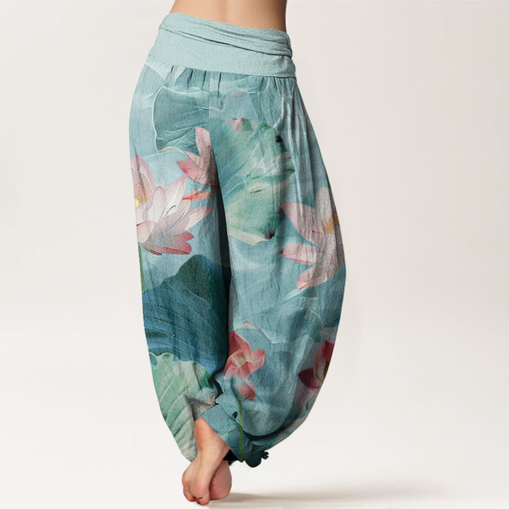 Pantaloni harem da donna con elastico in vita, modello Buddha Stones, stile casual, motivo a petalo di loto e stagno - image 3