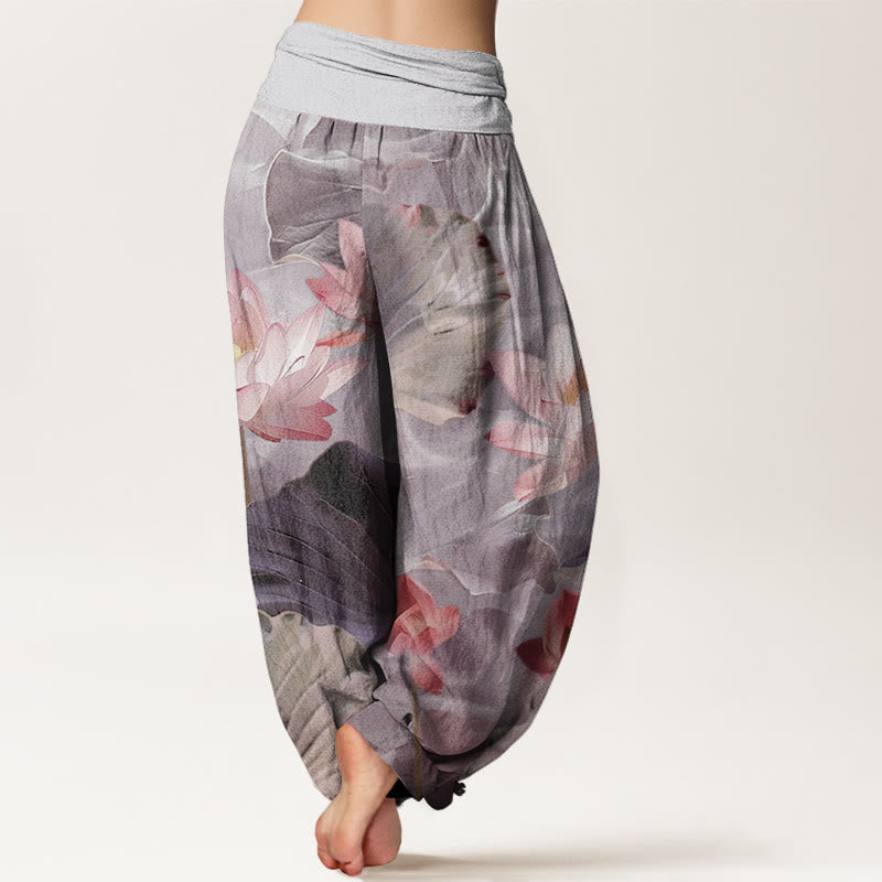 Pantaloni harem da donna con elastico in vita, in cotone, casual, motivo a petalo di loto e stagno, motivo Buddha Stones - image 6