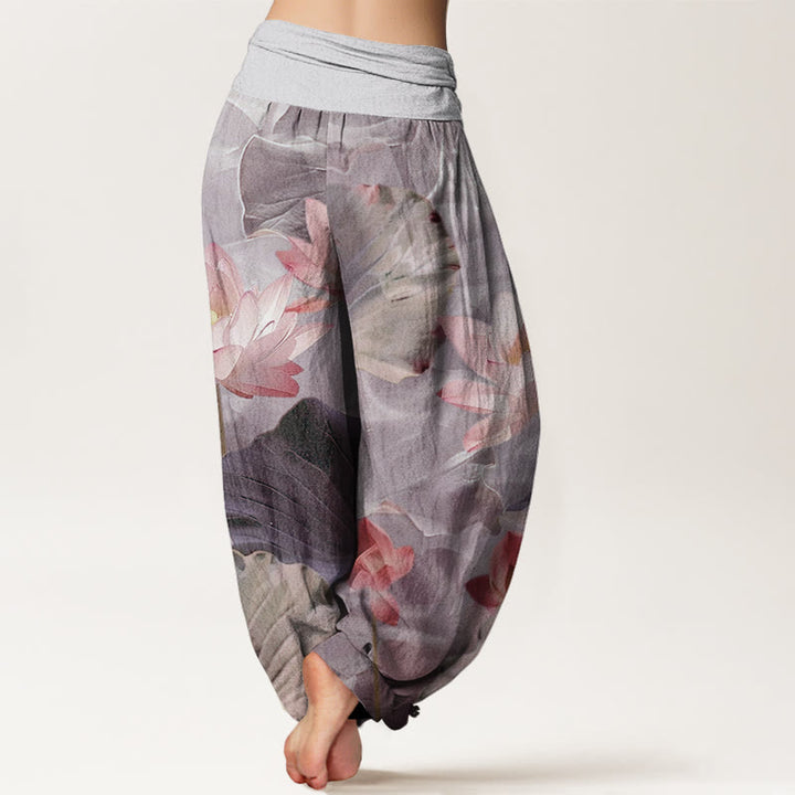 Pantaloni harem da donna con elastico in vita, in cotone, casual, motivo a petalo di loto e stagno, motivo Buddha Stones - image 6