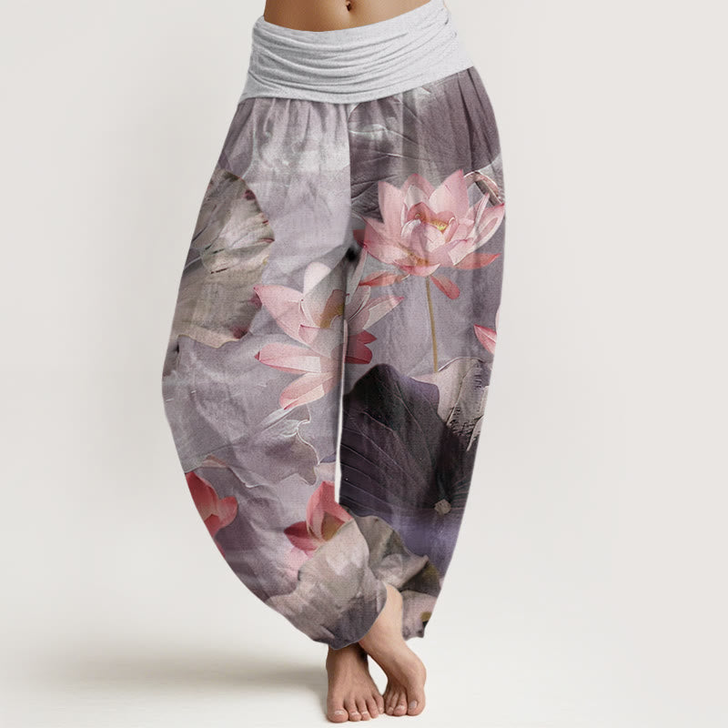 Pantaloni harem da donna con elastico in vita, modello Buddha Stones, stile casual, motivo a petalo di loto e stagno - Cardo - US22, UK/AU26, EU54 (6XL) - image 5