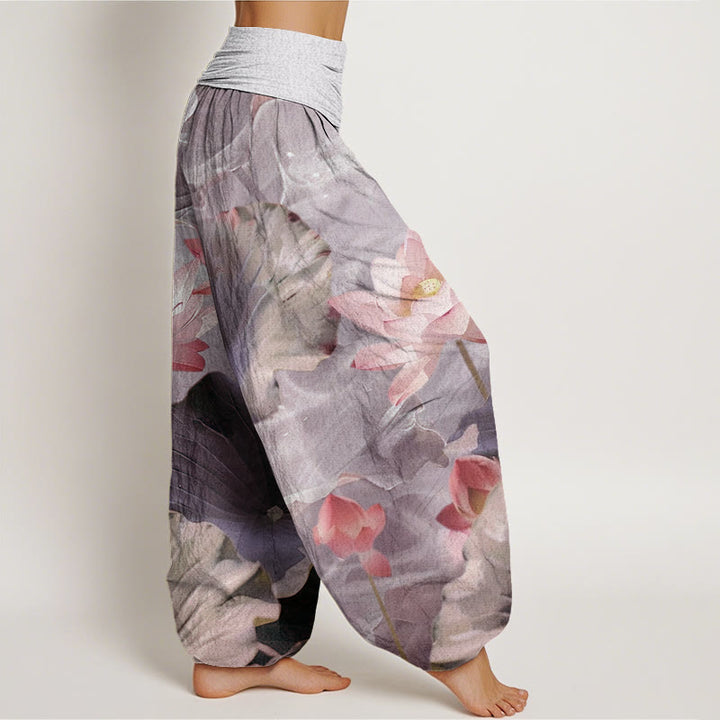 Pantaloni harem da donna con elastico in vita, in cotone, casual, motivo a petalo di loto e stagno, motivo Buddha Stones - image 5