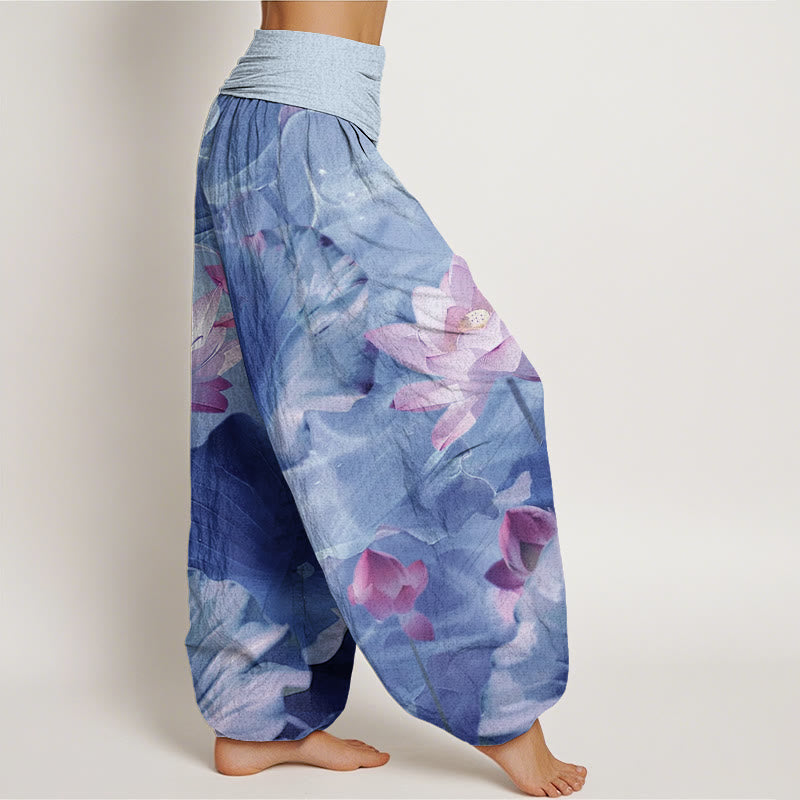 Pantaloni harem da donna con elastico in vita, modello Buddha Stones, stile casual, motivo a petalo di loto e stagno - image 10