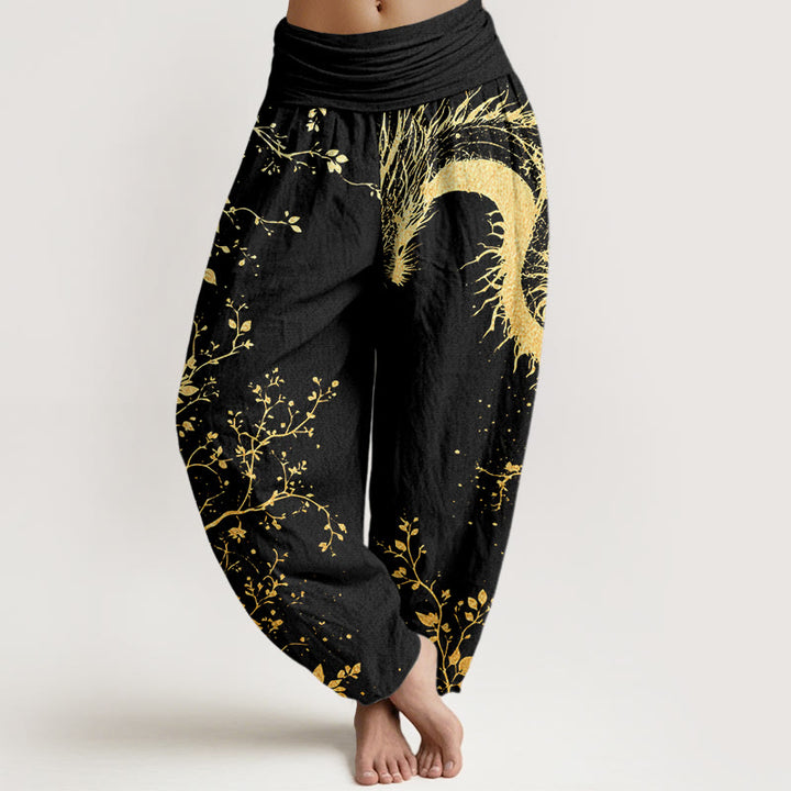 Pantaloni harem da donna con elastico in vita, modello casual con drago, fiori e foglie, motivo Buddha Stones - Nero - US22, UK/AU26, EU54 (6XL) - image 1