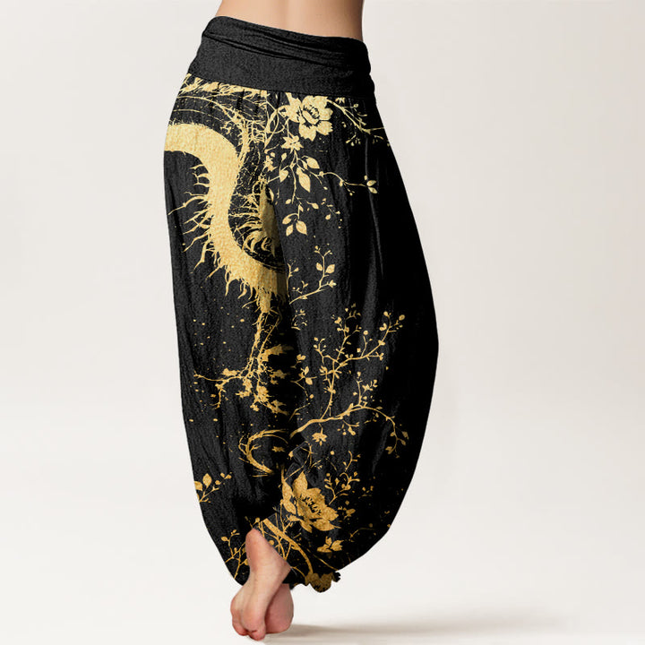Pantaloni harem da donna con elastico in vita, modello casual con drago, fiori e foglie, motivo Buddha Stones - image 3