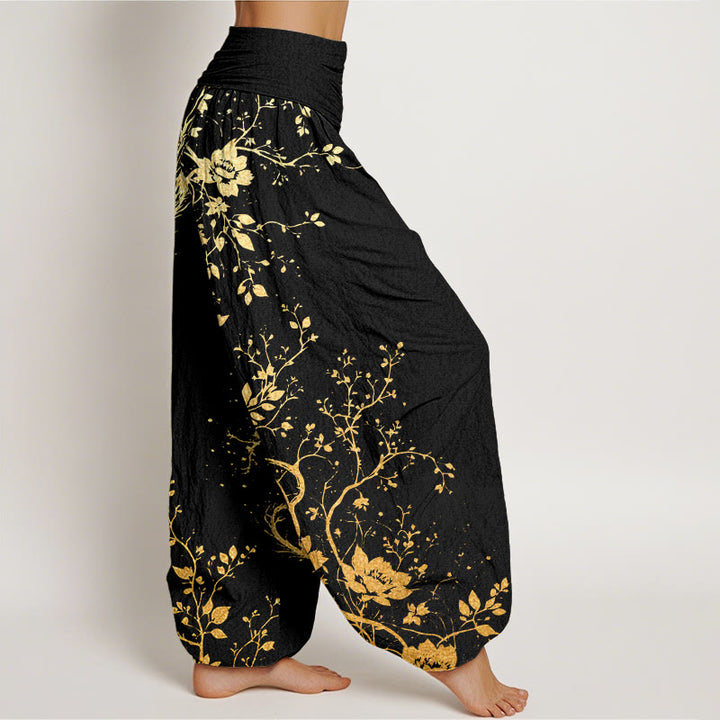 Pantaloni harem da donna con elastico in vita, modello casual con drago, fiori e foglie, motivo Buddha Stones - image 1