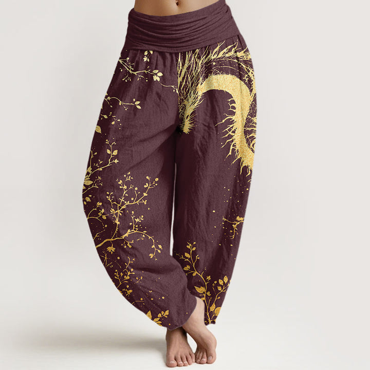 Pantaloni harem da donna con elastico in vita, modello casual con drago, fiori e foglie, motivo Buddha Stones - Marrone - US22, UK/AU26, EU54 (6XL) - image 5