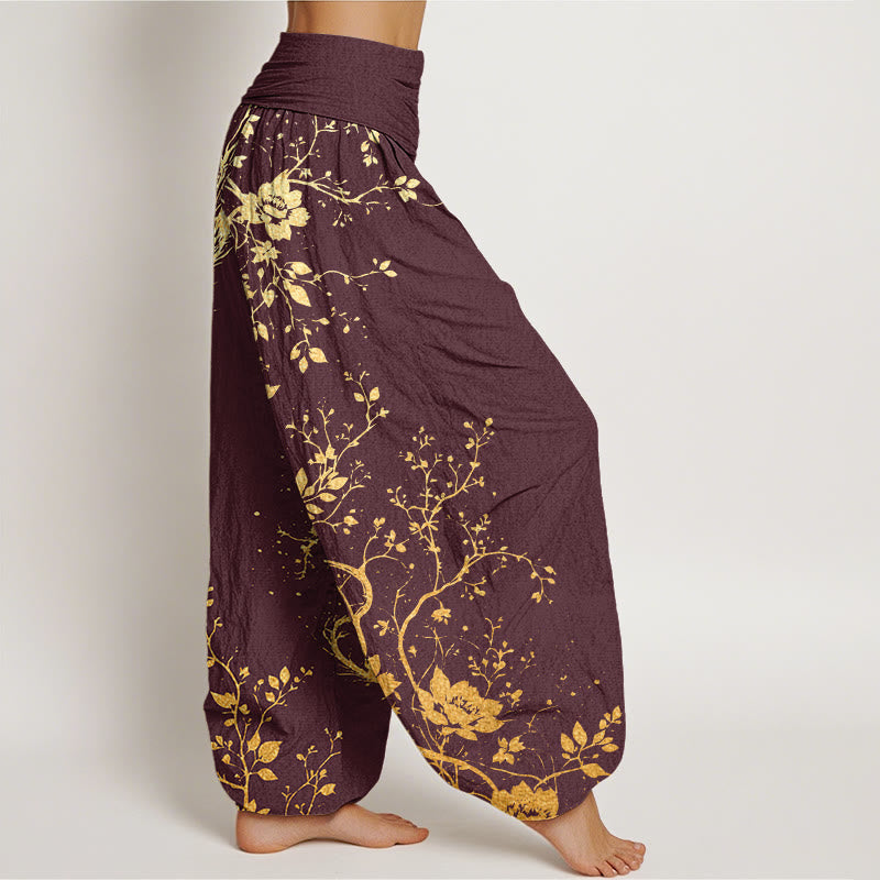 Pantaloni harem da donna con elastico in vita, modello casual con drago, fiori e foglie, motivo Buddha Stones - image 6