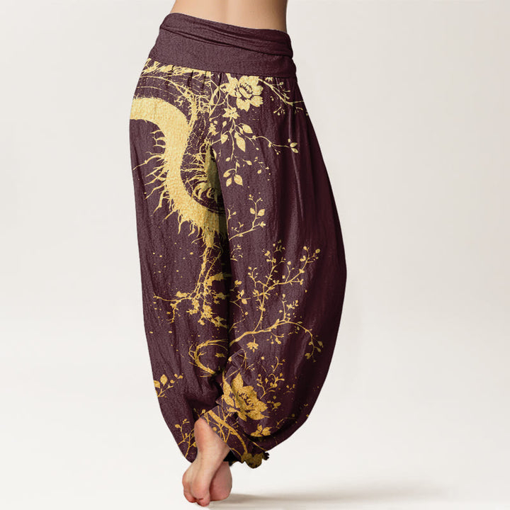 Pantaloni harem da donna con elastico in vita, modello casual con drago, fiori e foglie, motivo Buddha Stones - image 6