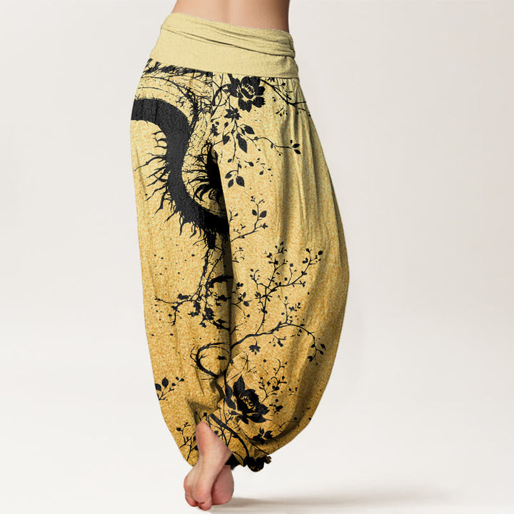 Pantaloni harem da donna con elastico in vita, in cotone, casual, con motivo a drago, fiore e foglie, motivo Buddha Stones - image 9