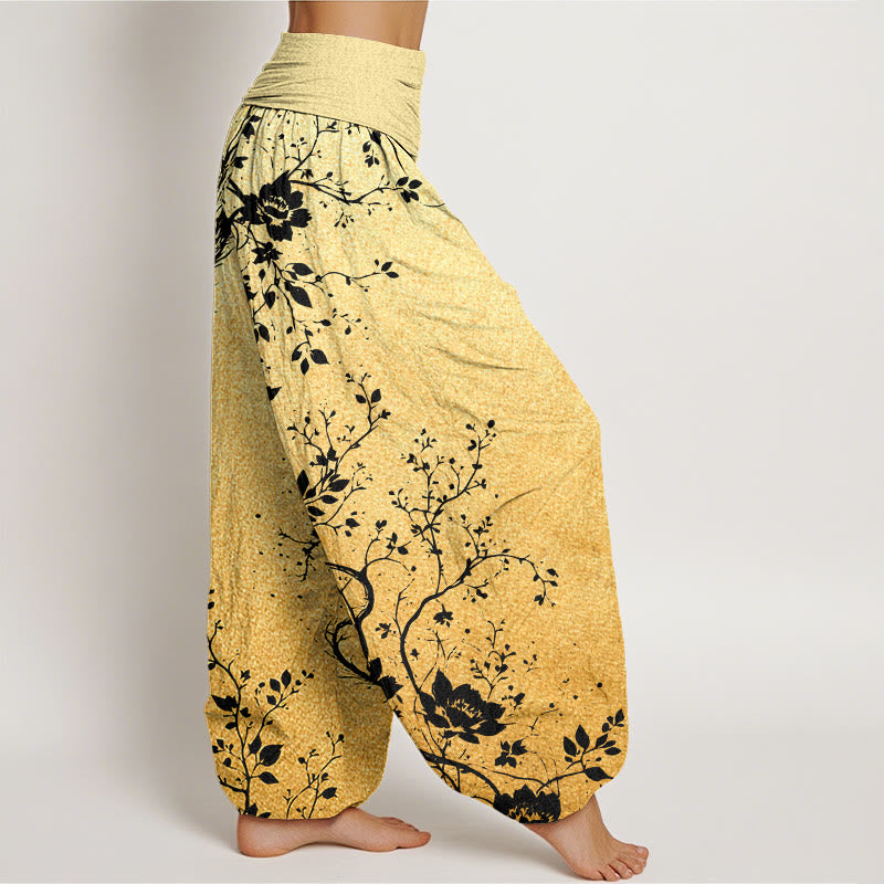 Pantaloni harem da donna con elastico in vita, modello casual con drago, fiori e foglie, motivo Buddha Stones - image 8
