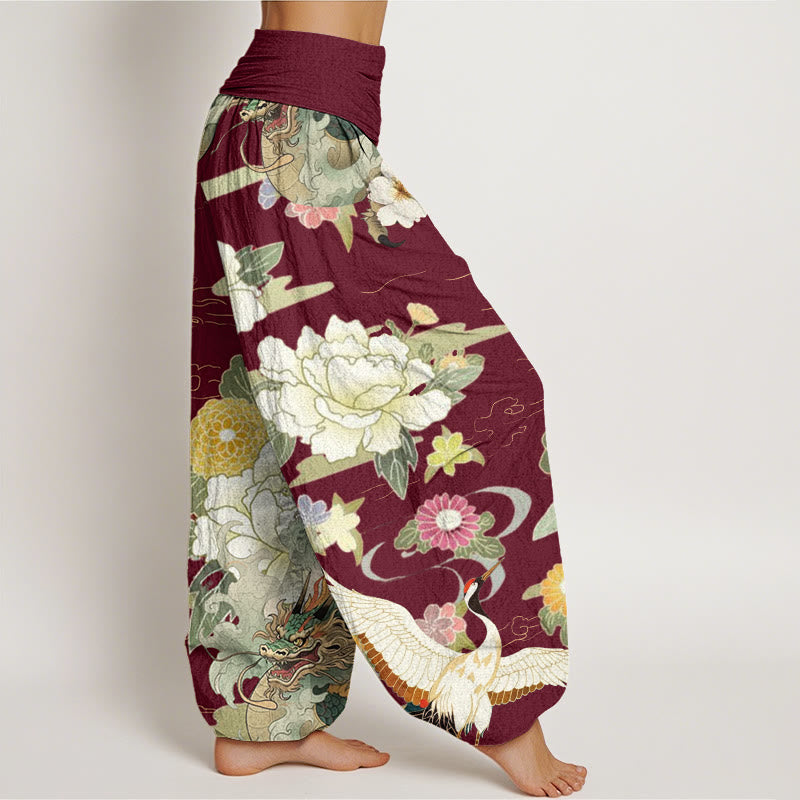 Pantaloni harem da donna con elastico in vita, modello casual, con motivo a Buddha Stones , gru coronata rossa e peonia - image 1