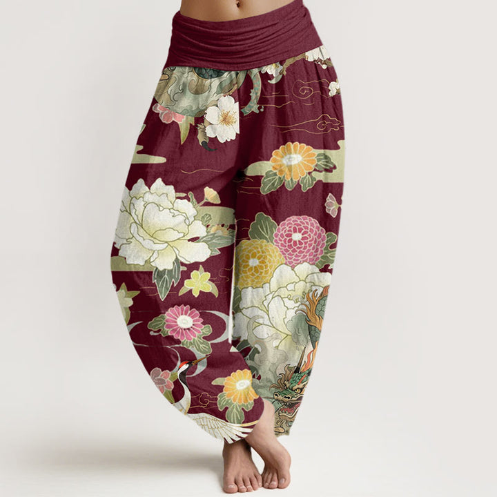 Pantaloni harem da donna con elastico in vita, in cotone, casual, con Buddha Stones , gru coronata rossa e peonia - Marrone - US22, UK/AU26, EU54 (6XL) - image 0