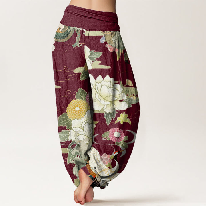 Pantaloni harem da donna con elastico in vita, in cotone, casual, con Buddha Stones , gru coronata rossa e peonia - image 2