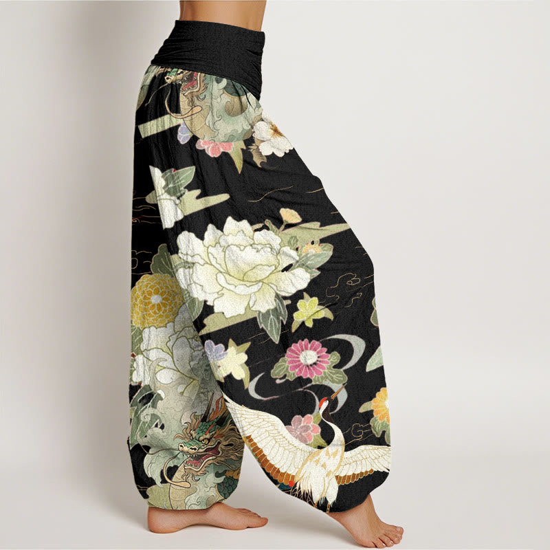 Pantaloni harem da donna con elastico in vita, modello casual, con motivo a Buddha Stones , gru coronata rossa e peonia - image 5
