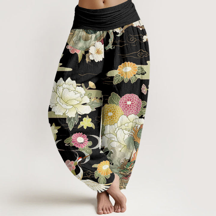 Pantaloni harem da donna con elastico in vita, modello casual, con motivo a Buddha Stones , gru coronata rossa e peonia - Nero - US22, UK/AU26, EU54 (6XL) - image 5