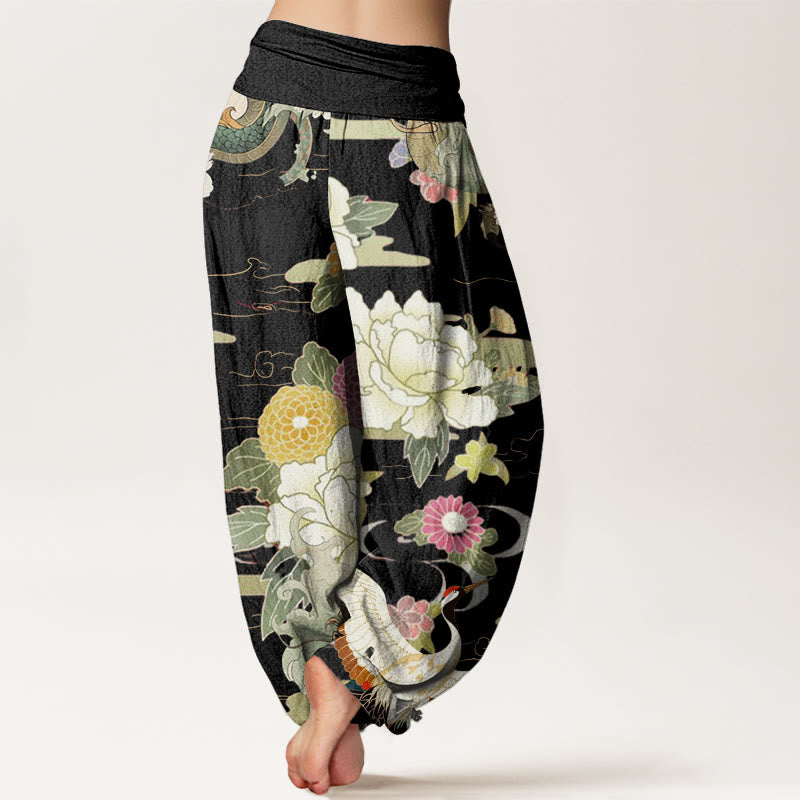 Pantaloni harem da donna con elastico in vita, in cotone, casual, con Buddha Stones , gru coronata rossa e peonia - image 6