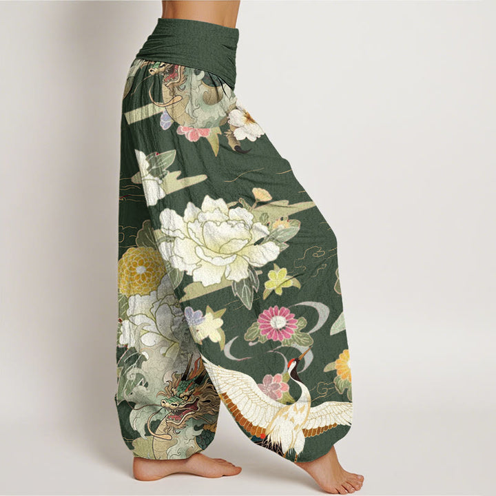 Pantaloni harem da donna con elastico in vita, modello casual, con motivo a Buddha Stones , gru coronata rossa e peonia - image 8