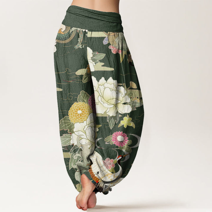Pantaloni harem da donna con elastico in vita, in cotone, casual, con Buddha Stones , gru coronata rossa e peonia - image 9