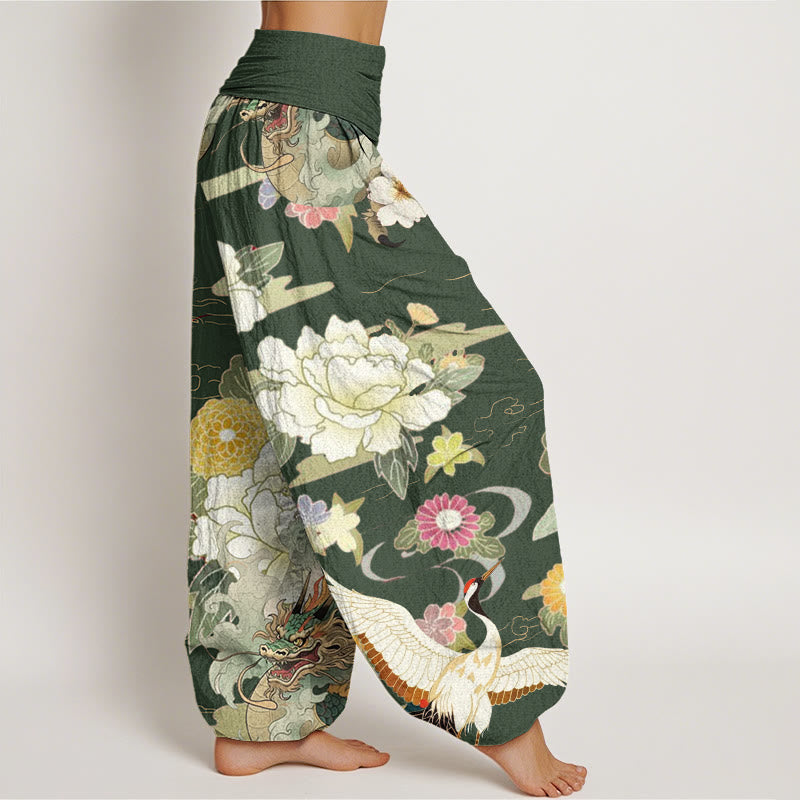 Pantaloni harem da donna con elastico in vita, in cotone, casual, con Buddha Stones , gru coronata rossa e peonia - image 8