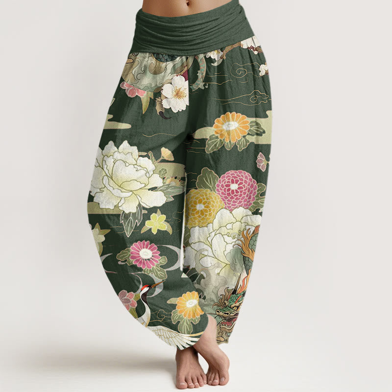 Pantaloni harem da donna con elastico in vita, modello casual, con motivo a Buddha Stones , gru coronata rossa e peonia - Verde oliva - US22, UK/AU26, EU54 (6XL) - image 8