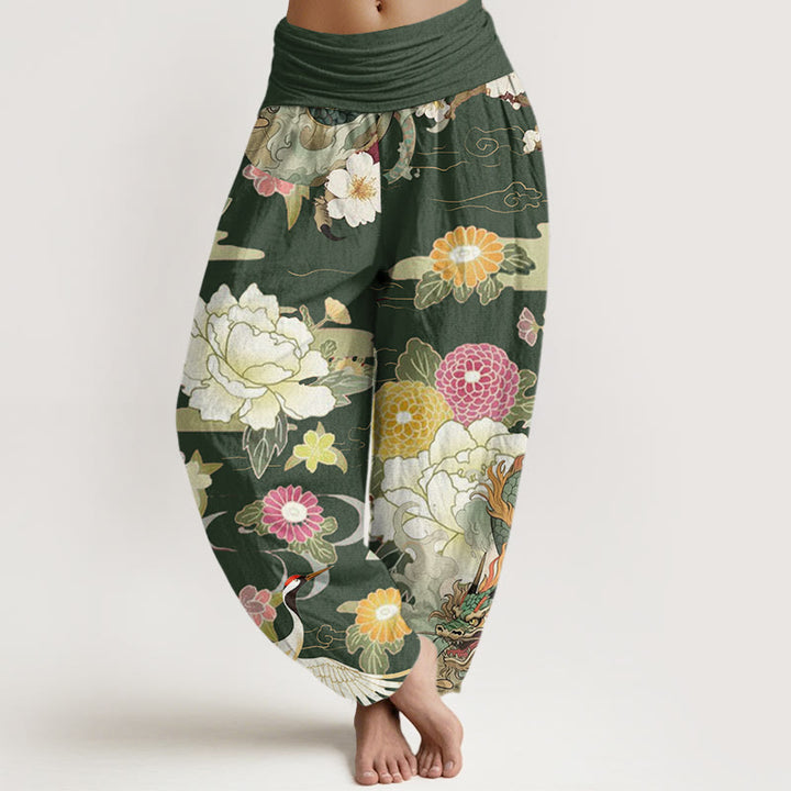 Pantaloni harem da donna con elastico in vita, modello casual, con motivo a Buddha Stones , gru coronata rossa e peonia - Verde oliva - US22, UK/AU26, EU54 (6XL) - image 8