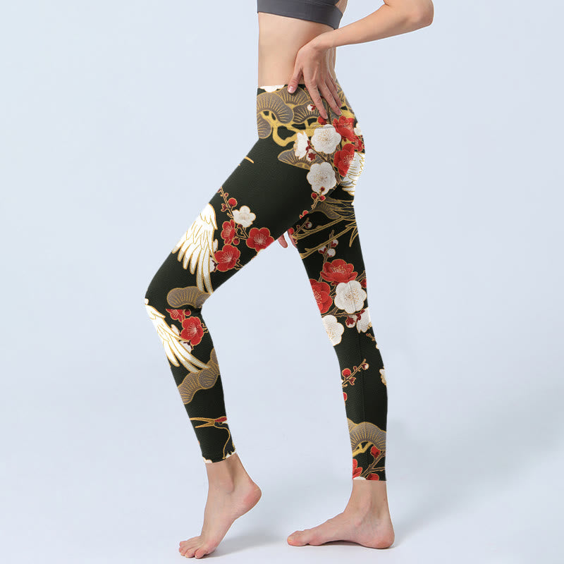 Leggings da palestra con stampa di Buddha Stones, gru coronate rosse, fiori di prugno, rami, pantaloni da yoga da donna - image 3