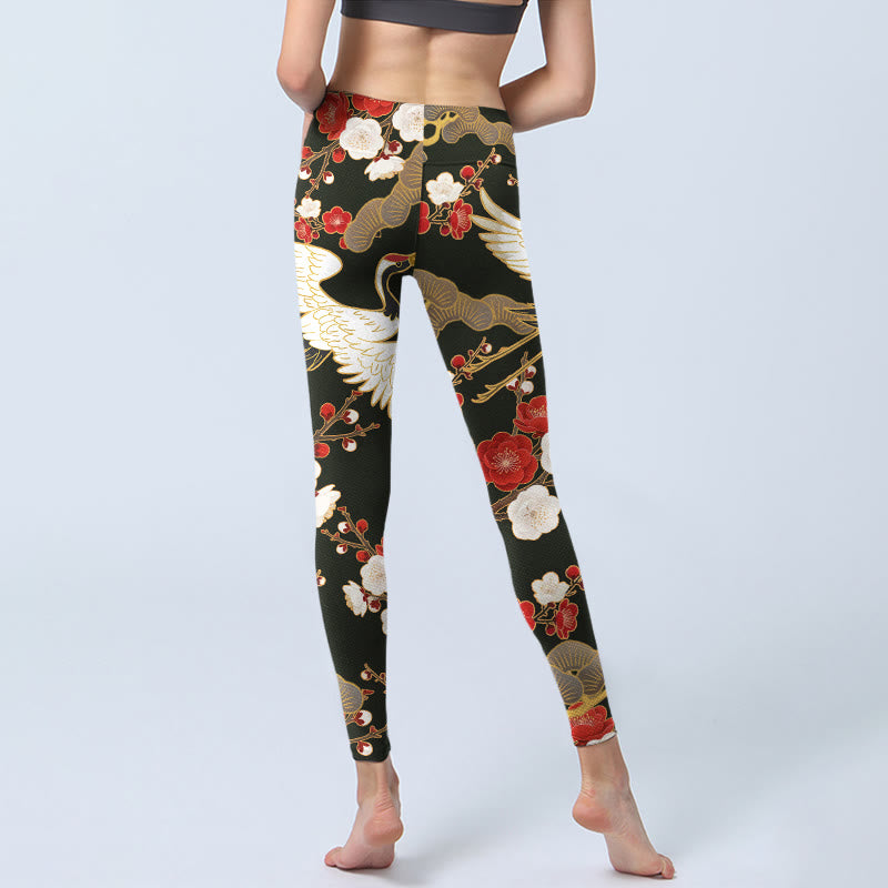 Leggings da palestra con stampa di Buddha Stones, gru coronate rosse, fiori di prugno, rami, pantaloni da yoga da donna - image 6