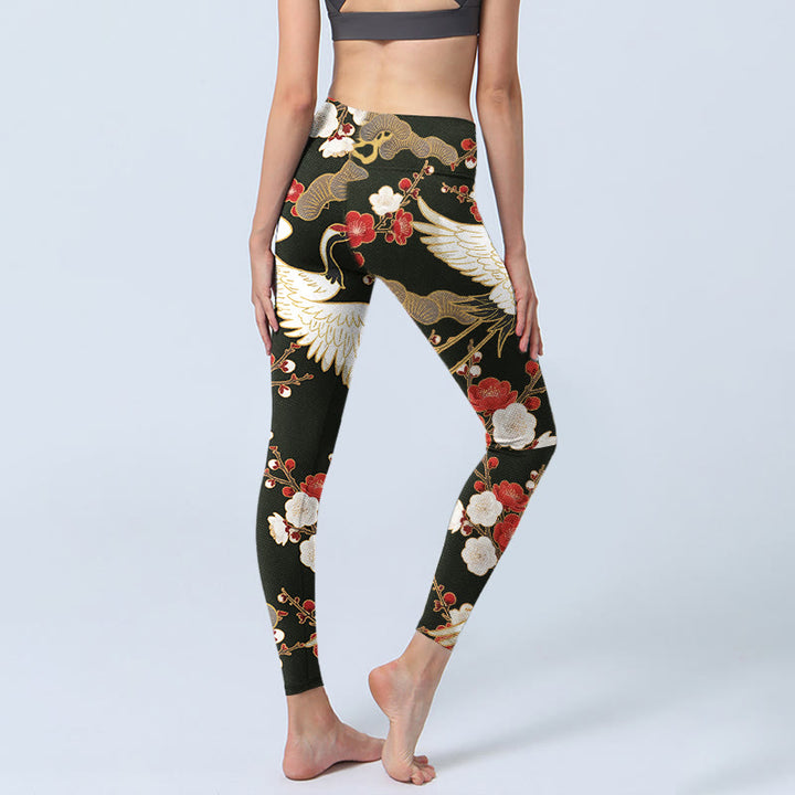 Leggings da palestra con stampa di Buddha Stones, gru coronate rosse, fiori di prugno, rami, pantaloni da yoga da donna - image 5
