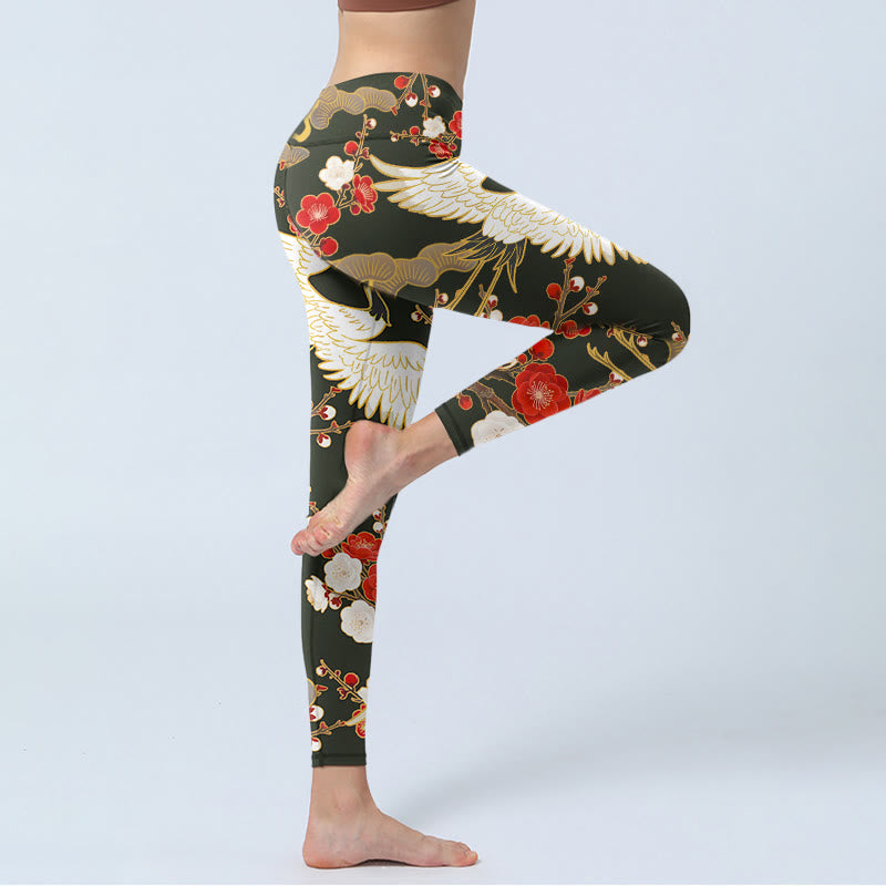 Leggings da palestra con stampa di Buddha Stones, gru coronate rosse, fiori di prugno, rami, pantaloni da yoga da donna - image 3