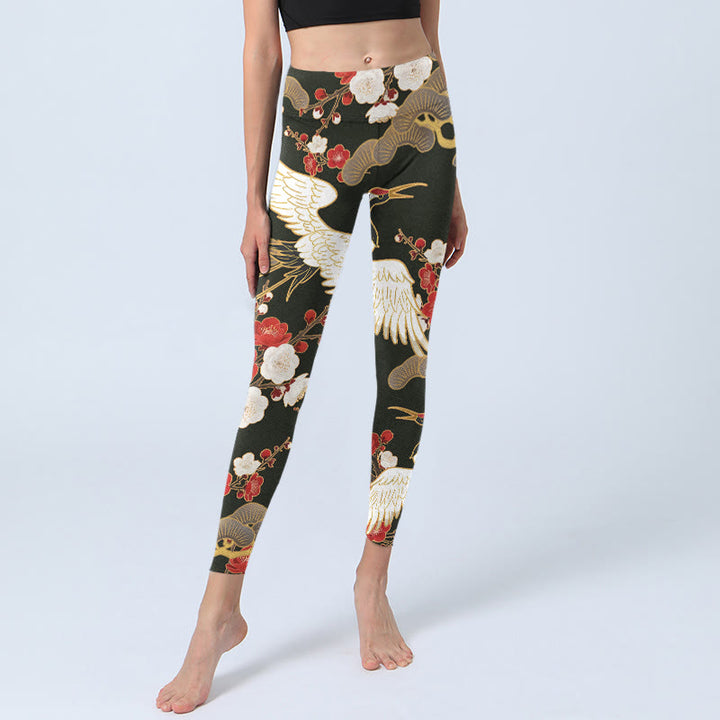 Leggings da palestra con stampa di Buddha Stones, gru coronate rosse, fiori di prugno, rami, pantaloni da yoga da donna - image 6