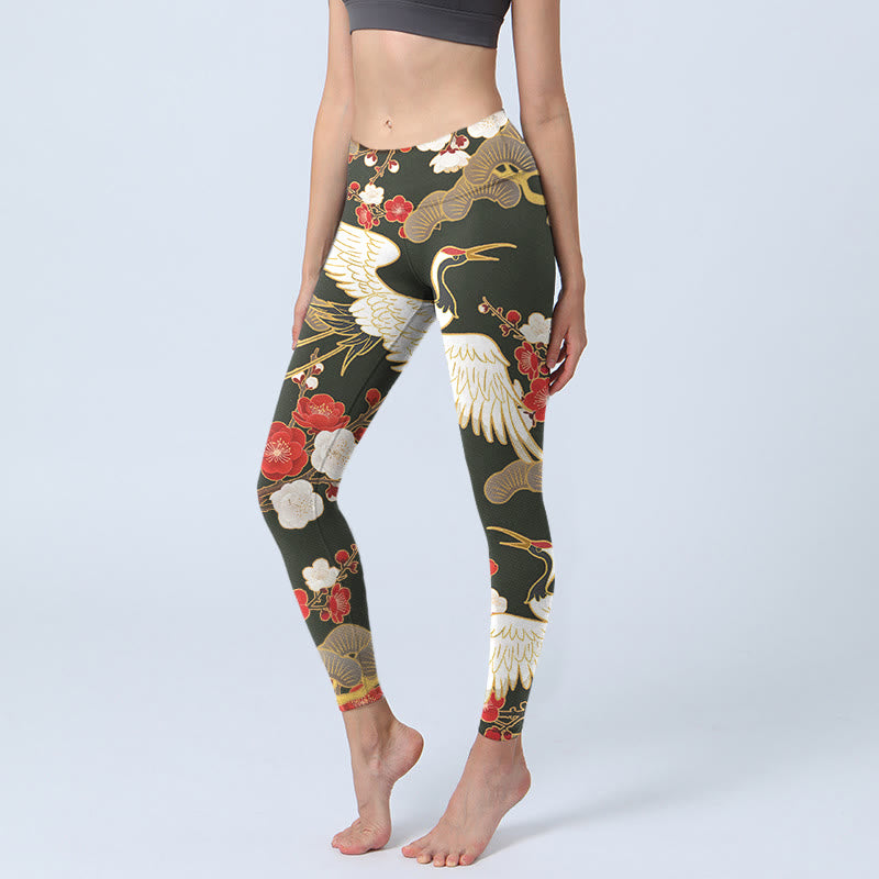Leggings da palestra con stampa di Buddha Stones, gru coronate rosse, fiori di prugno, rami, pantaloni da yoga da donna - Nero - US18, UK/AU22, EU50 (4XL) - image 1