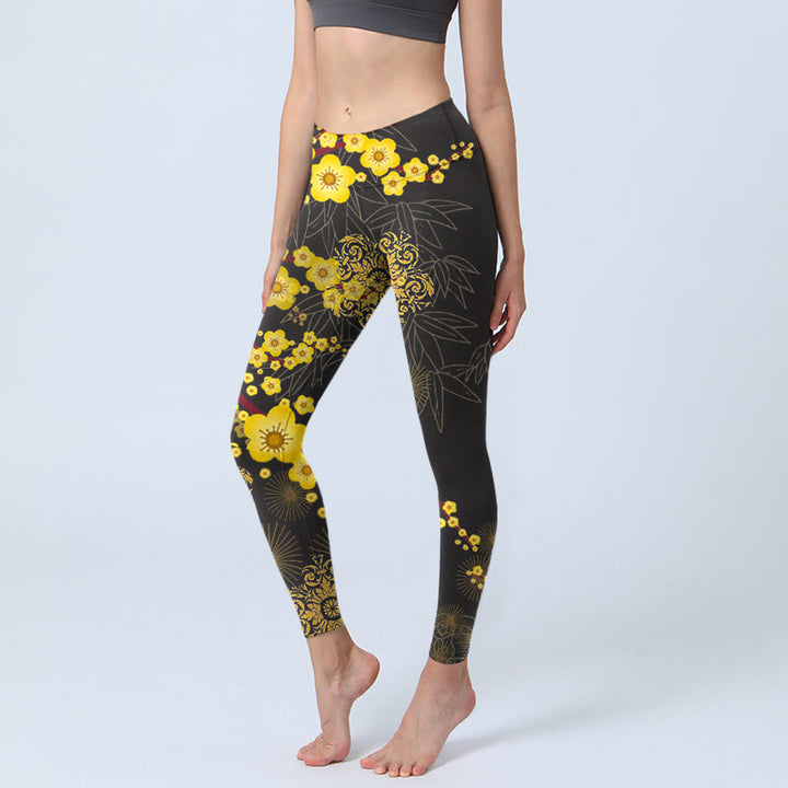 Leggings da palestra con stampa di Buddha Stones, fiori di ciliegio gialli, foglie di bambù e motivo a fuochi d'artificio, pantaloni da yoga da donna - Nero - US18, UK/AU22, EU50 (4XL) - image 0
