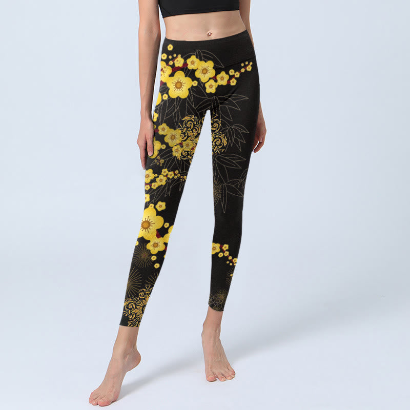 Leggings da palestra con stampa di Buddha Stones, fiori di ciliegio gialli, foglie di bambù e motivo a fuochi d'artificio, pantaloni da yoga da donna - image 5