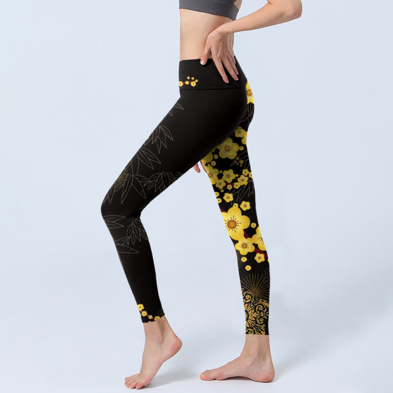 Leggings da palestra con stampa di Buddha Stones, fiori di ciliegio gialli, foglie di bambù e motivo a fuochi d'artificio, pantaloni da yoga da donna - image 3