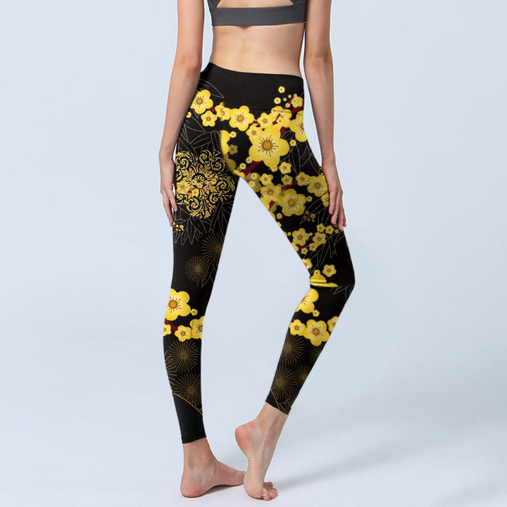 Leggings da palestra con stampa di Buddha Stones, fiori di ciliegio gialli, foglie di bambù e motivo a fuochi d'artificio, pantaloni da yoga da donna - image 5