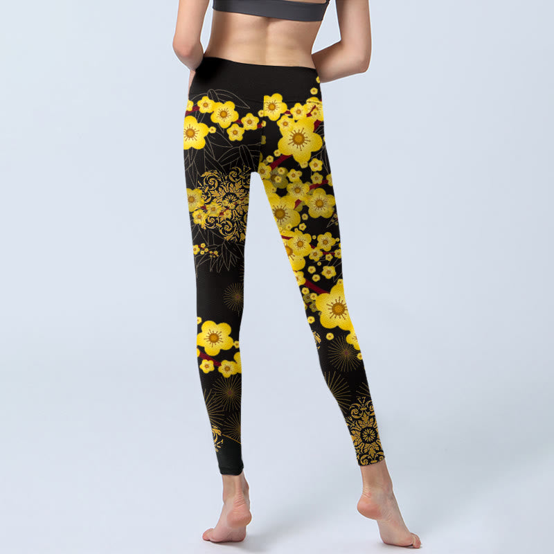 Leggings da palestra con stampa di Buddha Stones, fiori di ciliegio gialli, foglie di bambù e motivo a fuochi d'artificio, pantaloni da yoga da donna - image 6