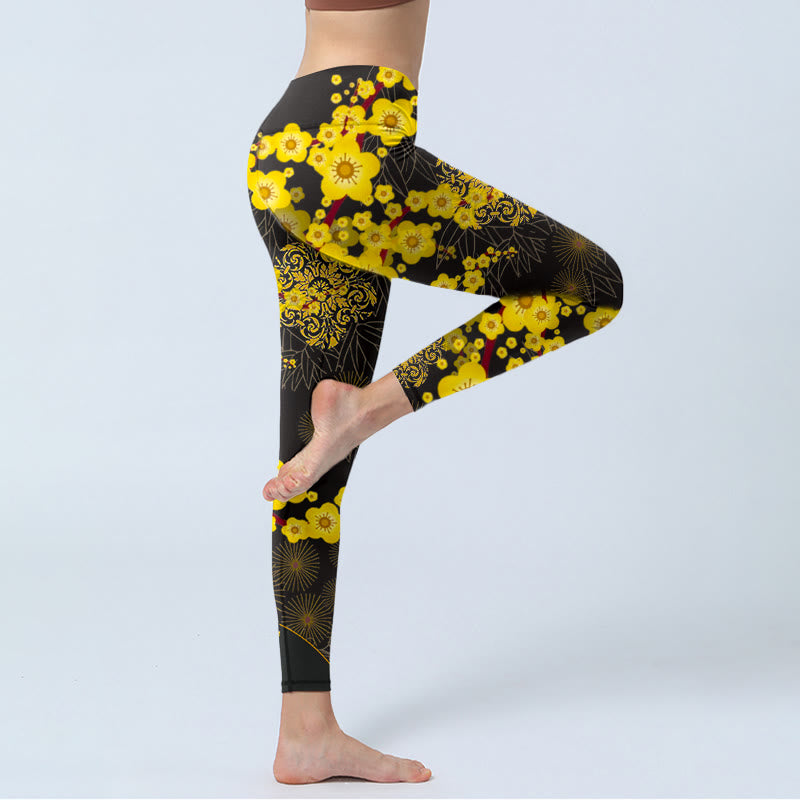 Leggings da palestra con stampa di Buddha Stones, fiori di ciliegio gialli, foglie di bambù e motivo a fuochi d'artificio, pantaloni da yoga da donna - image 3