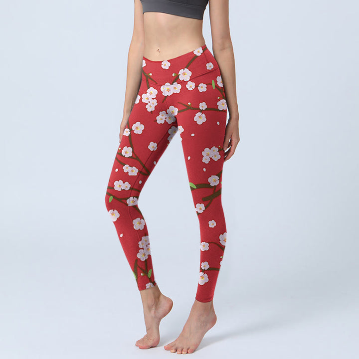 Leggings da palestra con stampa Buddha Stones, fiori di prugno, rami e foglie, pantaloni da yoga da donna - Cremisi - US18, UK/AU22, EU50 (4XL) - image 0