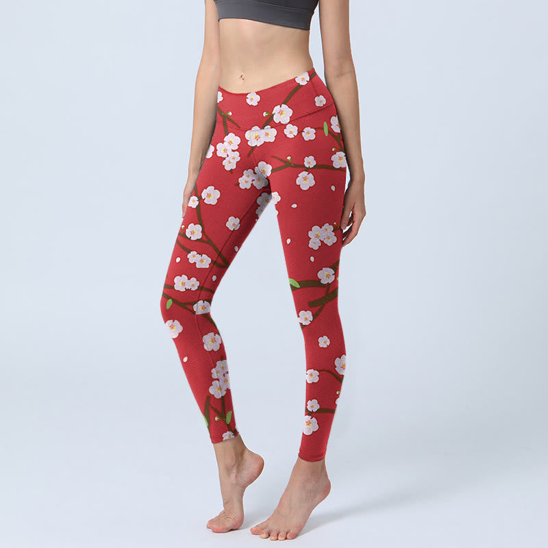 Leggings da palestra con stampa Buddha Stones, fiori di prugno, rami e foglie, pantaloni da yoga da donna - Cremisi - US18, UK/AU22, EU50 (4XL) - image 1